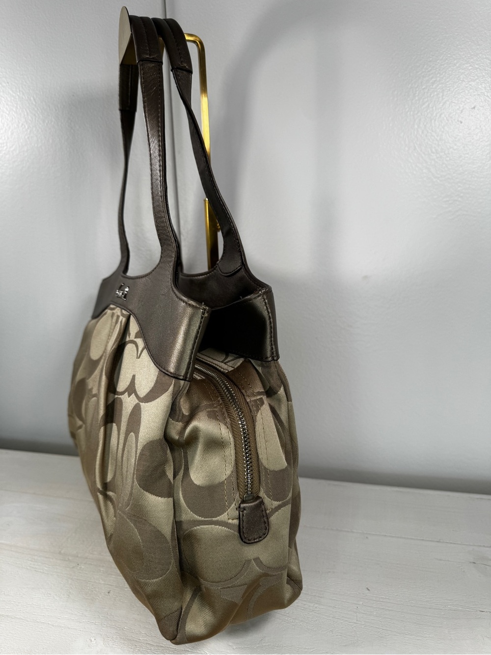 Coach F18828 Signature Satin Pleated Tote Shoulder Bag Pewter Bronze - Picture 3 of 16